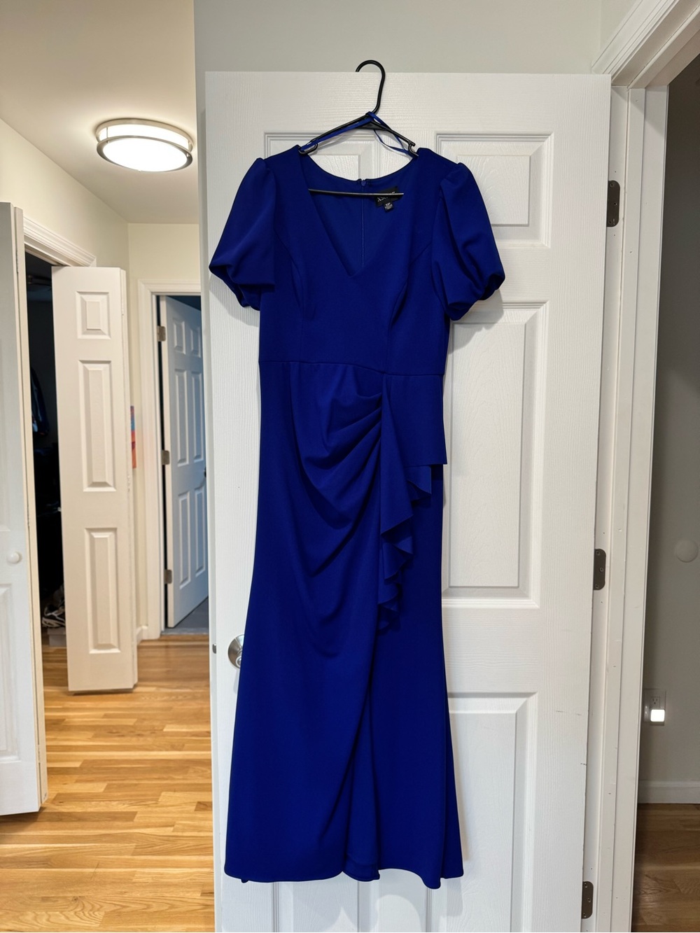 Xscape Cobalt Blue V-Neck Midi Dress with Draped Ruffle